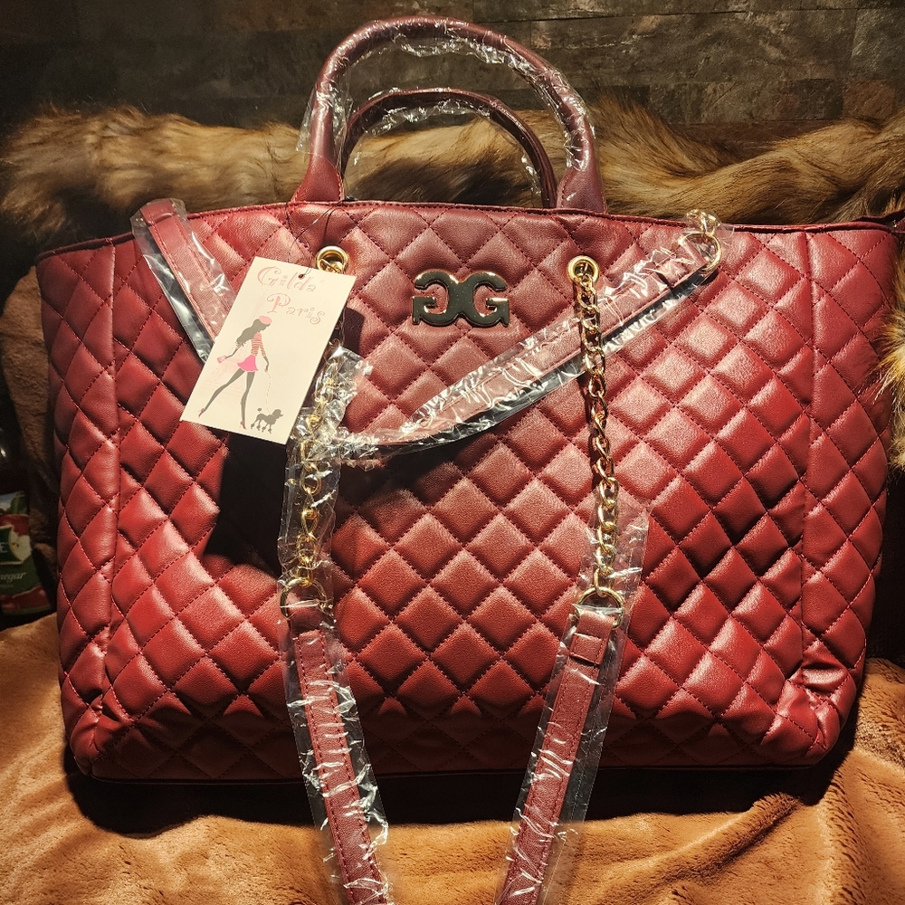 Luxurious Wine Quilted Tote Bag with Glossy Finish